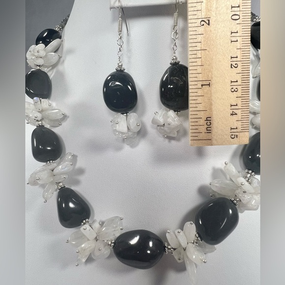 Silver Sheen Obsidian & Moonstone 925 Chunky Beaded Gemstone Necklace & Earrings - Picture 7 of 9